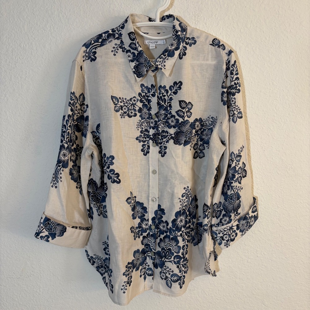 Chico's Floral Linen Button Down Shirt Women 3 XL Ivory Blue
